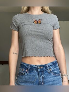 wild fable Gray Ribbed Crop Top with Orange Butterfly